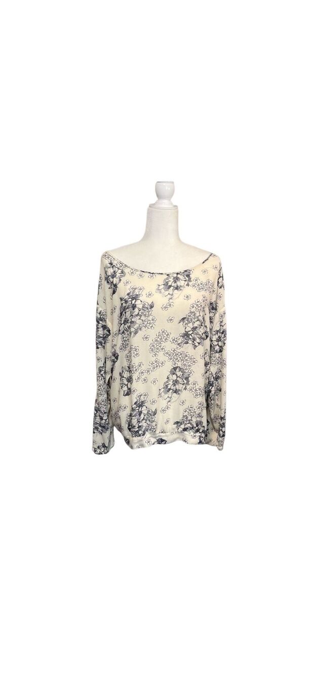 Tennis split back blue and white toile pattern long sleeve wide neck blouse - M